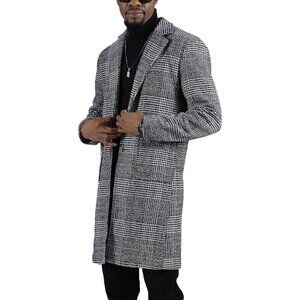 Men's Dark Grey Winter Single-Breasted Trench Coat with Notched Collar Pockets